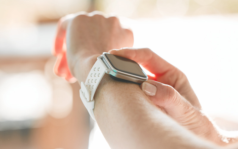 smartwatch person or hands of athlete for sports